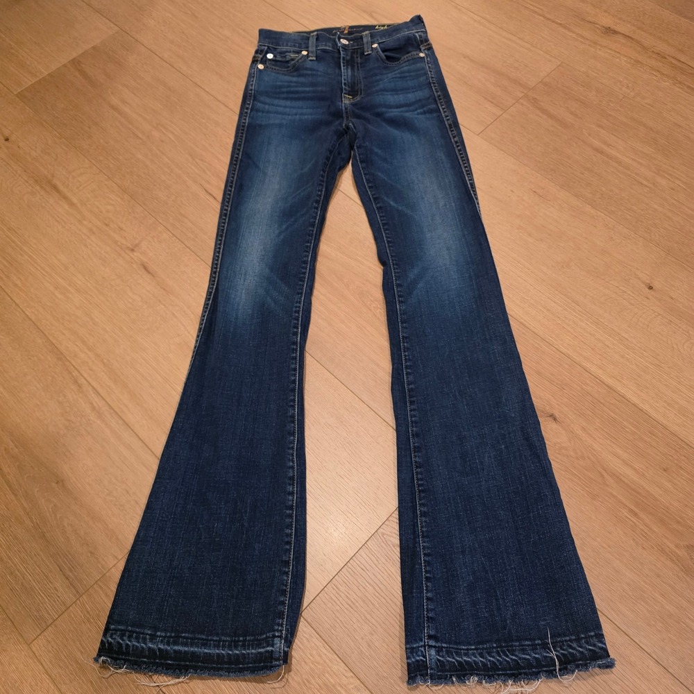 7 For All Mankind High Waist Vintage Bootcut Jeans Blue Flare Raw Hem Sz 23 USA
